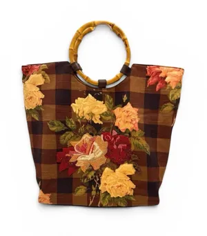 Cynthia Hart Los Angeles Floral Plaid Tote Bag Purse Bamboo Handles Gold Brown thumbnail 1