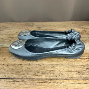 Tory Burch Black Leather Logo Reva Ballet Flats with Silver Emblem Discs thumbnail 3