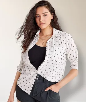 Maeve Anthropologie White‎ Black Clip Dot Cotton Button Down Roll Tab Shirt Boho thumbnail 1