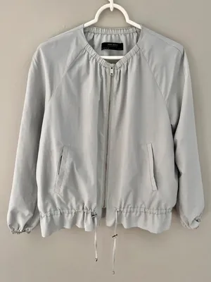 Zara Light Gray drawstring tie front peplum  Bomber windbreaker Jacket thumbnail 3