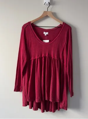 True Craft Red Babydoll Top Long Sleeve round neck cotton blend solid ribbed NWT thumbnail 1