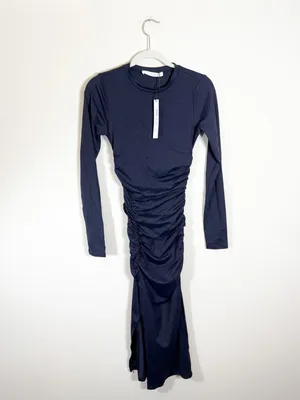 NWT Susana Monaco Gathered Crew Long Sleeve Slit Dress Navy Blue Size XS thumbnail 2