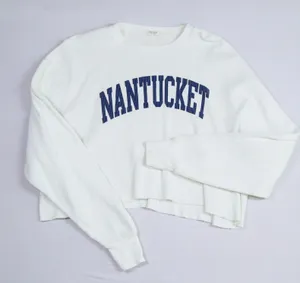 John Galt Nantucket Graphic Thermal Top‎ Women OS White Blue Cropped Waffle Knit thumbnail 1