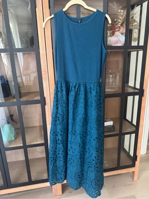 NWT Amazon eyelet maxi dress teal sleeveless drop waist midi pockets cotton thumbnail 4