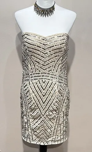 Temperance Dress M Beaded Sequin Strapless Cream Y2K Pom Bride Wedding Cocktail thumbnail 1