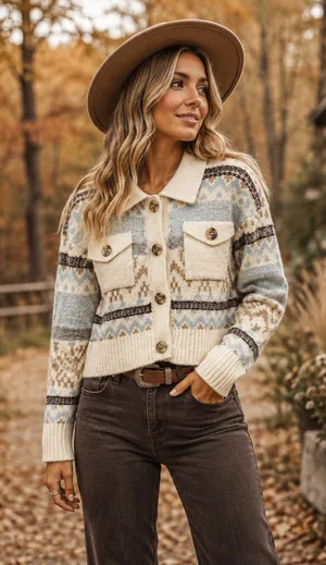 Pink Rose Cream & Light Blue Fair Isle Button-Up Cardigan thumbnail 1