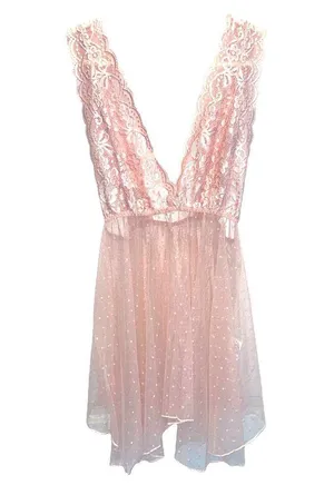 Pink Lace Swiss Dot on Mesh Lingerie Short Nightie size Large thumbnail 1