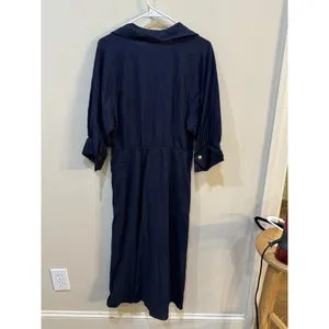 Donna Karan New York Women's Collared 3/4-Sleeve Midi Dress Size 6 Navy Linen thumbnail 6