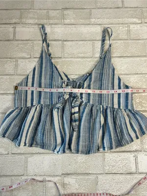 Free People Striped Blue Tie-Front Peplum Cami Top Size Small thumbnail 6