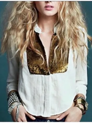 Romantic Boho Blouse Gold Embroidered Bib Front Top Cottagecore Peasant thumbnail 1