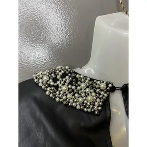 Maeve Blouse Womens XS Black Faux Leather Pearl Beaded Collar Cropped Zip Top thumbnail 7