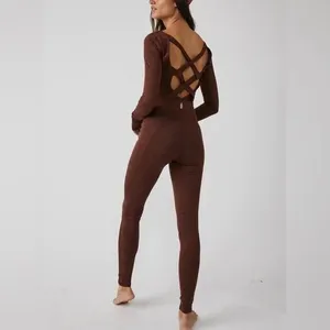 Free People FP Movement Releve brown‎ heathered jumpsuit size small thumbnail 2