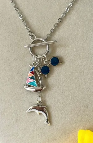 Sail Boat & Dolphin Necklace (133)🐬 ⛵️ Silver thumbnail 1