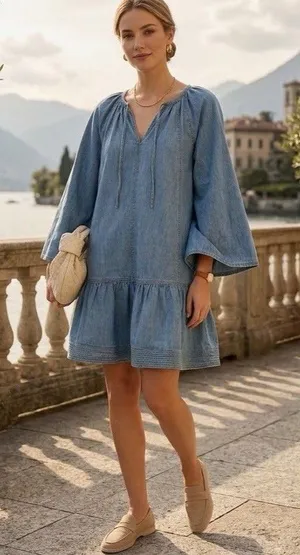 LOFT Women L Denim Chambray Tie Neck Wide Sleeve Tiered Drop Waist Dress Cotton thumbnail 1