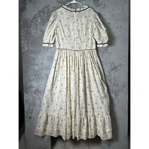 Vintage Homemade Prairie Floral Maxi Dress Cream Lace Ruffle Cottagecore Large thumbnail 3