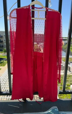 Nordstrom Red Sheer Lace-Trim Robe and Shorts Set thumbnail 1