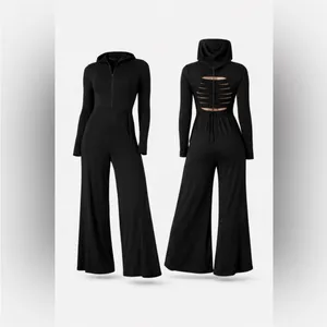NWT Halara hooded wide-leg jumpsuit in classic neutral brown, back slits, sz XS thumbnail 3