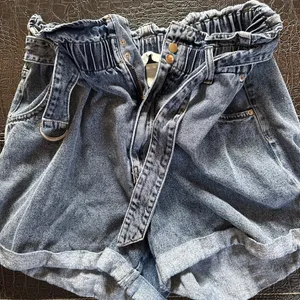 H&M Womens Cuffed Blue Jean Shorts Paperbag High Rise Elastic Waist Tie Belt 14 thumbnail 1