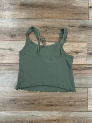 AERIE Comfy Loungewear Boho Olive Green Cropped Ruffle Tank Top | Size Medium thumbnail 3