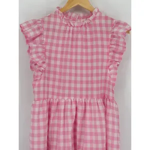 Entro Pink Plaid‎ Checkered Gingham Dress Small Tiered Babydoll Mini Ruffle Neck thumbnail 6