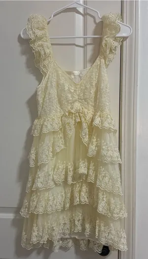 LoveShackFancy Pale Yellow Lace Ruffled Tier Dress thumbnail 1
