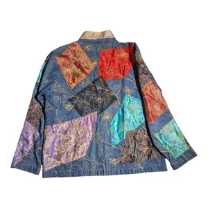 Vtg Y2K New Direction Blue Denim Brocade Satin Patchwork Button Up Jacket Sz M thumbnail 2