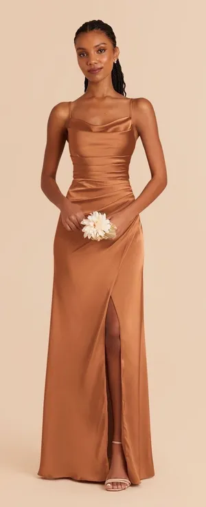 Birdy Grey Bridesmaid Dress Lydia Rust Satin Cowl High Slit Size XS Summer Fall thumbnail 1