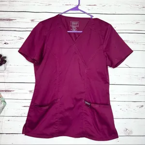 Cherokee Workwear Mock Wrap Medical Scrubs Top Burgundy Wine Size Small thumbnail 4