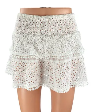 Women's White Floral Eyelet Embroidery Tiered Ruffled Mini Flare A-Line Skirt S thumbnail 1