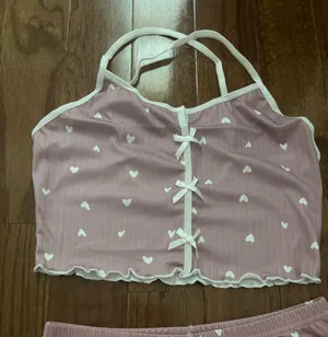 Amazon coquette pink heart print white trim bow detail pajama set thumbnail 4