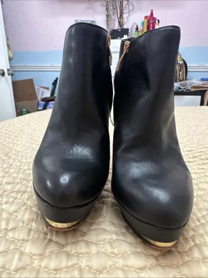 Vince Camuto 6B/36 Dira Black Leather Platform Stiletto Ankle Booties Gold Trim thumbnail 6
