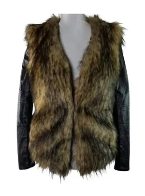 Bardot Womens Faux Fur Leather Long Sleeves Jacket Coat Black Tan Size 6 thumbnail 1