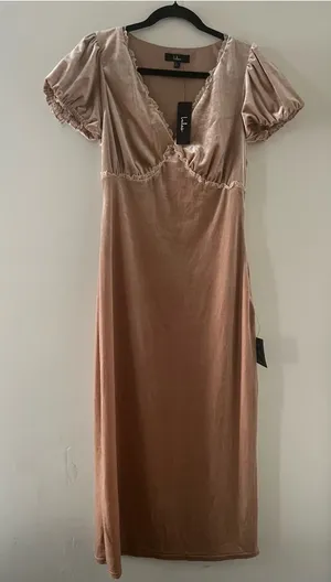 Lulus Blush Pink Velvet Puff Sleeve Midi Dress Large Lace Coquette Babydoll NWT thumbnail 1