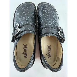 Alegria by PG Lite Black Rose Embossed Leather Clogs Monk Strap ALL-571 Size 40 thumbnail 5