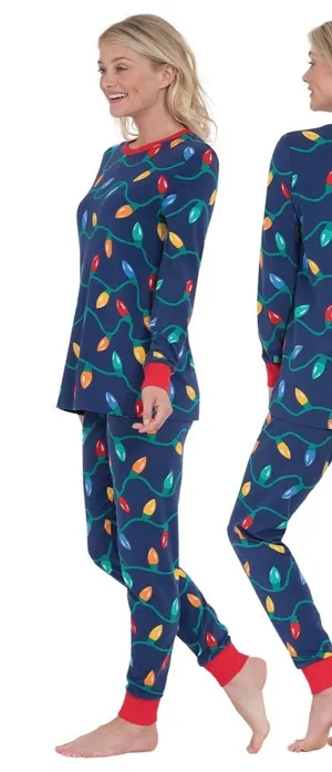 Pajamagram Womens Christmas Lights Pajama Set Navy Blue Red Medium Holiday PJs thumbnail 1