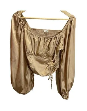 Idem Ditto Boutique Gold Smocked Ruffle‎ Blouse size M Bell Sleeve Retro Cropped thumbnail 1