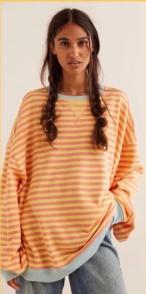 We The Free People Classic Stripe Crew Sweatshirt Oversized Yellow Size XL Boho‎ thumbnail 1