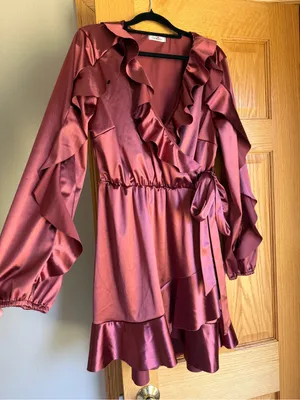 GeeGee Satin Faux Wrap Ruffle Mini Dress Mauve Rose Size Large thumbnail 1