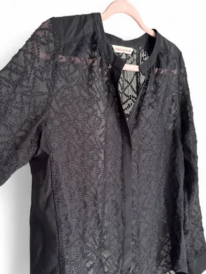 Rebecca Taylor Y2K Black Textured Button-Front Blouse Silk Blend Sheer Top Sz 4 thumbnail 3