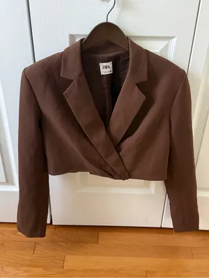 Zara Brown Cropped Blazer with Shoulder Pads thumbnail 2