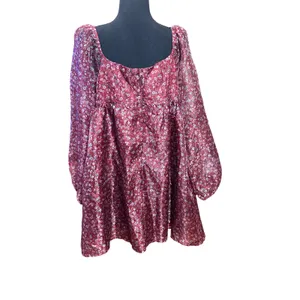 Altar'd‎ State Burgundy Floral Babydoll Mini Dress Square Neck Long Sleeve L thumbnail 4
