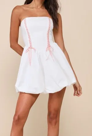 Ashley By 26 International White Strapless Romper with Pink Ribbon Tag thumbnail 1