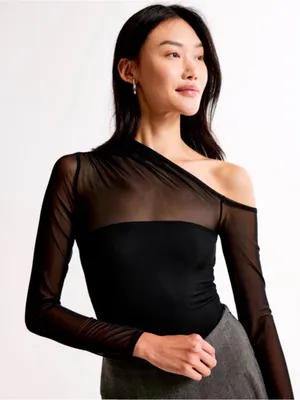 Abercrombie & Fitch Black One-Shoulder Sheer Sleeve Bodysuit thumbnail 1