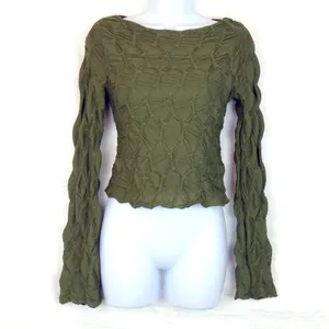 See You Monday Textured Scrunch Top Womens S Olive Green Long Sleeve Grunge 90s thumbnail 3