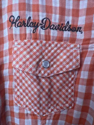 Harley Davidson Orange Gingham Snap Shirt‎ Embroidered Back Small thumbnail 4