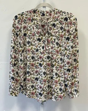 LOFT Petites Floral Split Neck Tie Blouse White Pink Blue Long Sleeve SP thumbnail 1