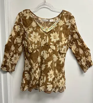 Tommy Bahama Floral Cream and Brown Blouse with Polka Dot tank thumbnail 1