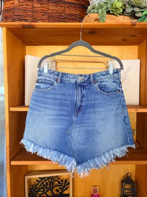 Free People Denim Mini Skirt Raw Fringe Asymmetrical Hem Western Boho Size 28 thumbnail 3