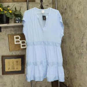 NWT Gl By Gibson Look Split Neck Tiered Easy Fitting Dress 14194 M Light Blue thumbnail 2