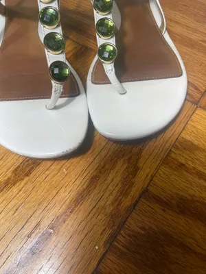 Tory Burch White T-Strap Sandals with Green Gemstones thumbnail 5